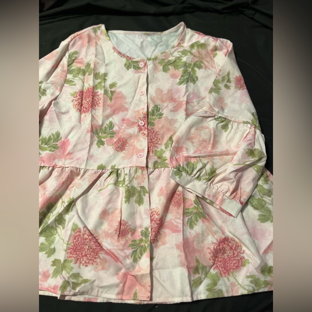 Pink Floral Button Front Peplum Top